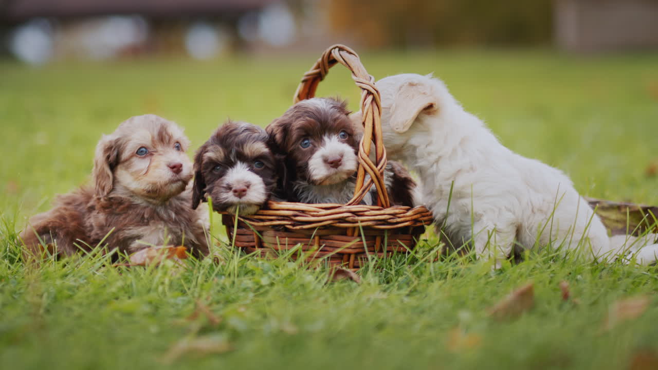 Bucket with funny beautiful puppies on the lawn on an autumn day