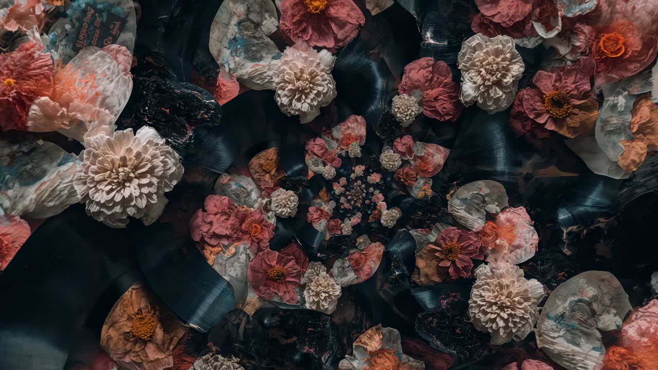 Zooming camera showing cream flowers spiraling into central repeat, forming fractal on dark table