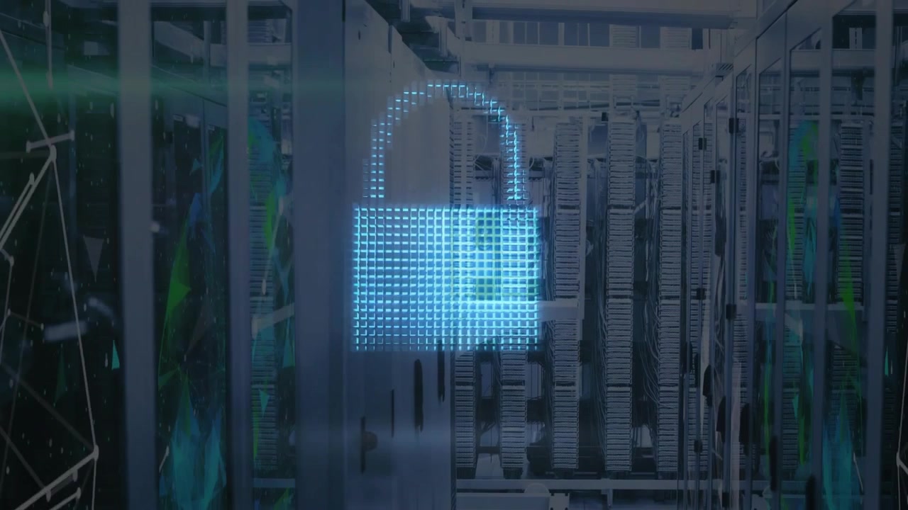 Animation of padlock icon and data processing over computer serves