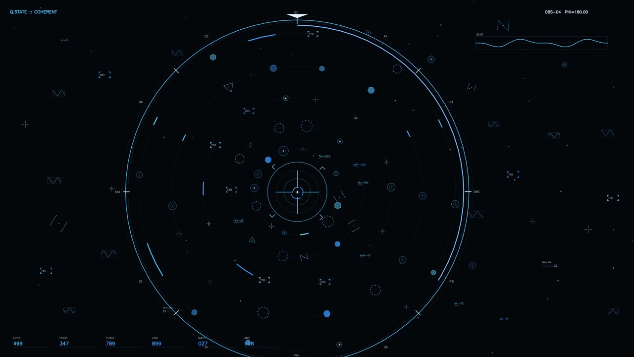 A dark high tech interface featuring a central circular radar or sonar display. The screen is populated with glowing cyan and blue elements including reticles, waveforms, coordinate systems, and vario