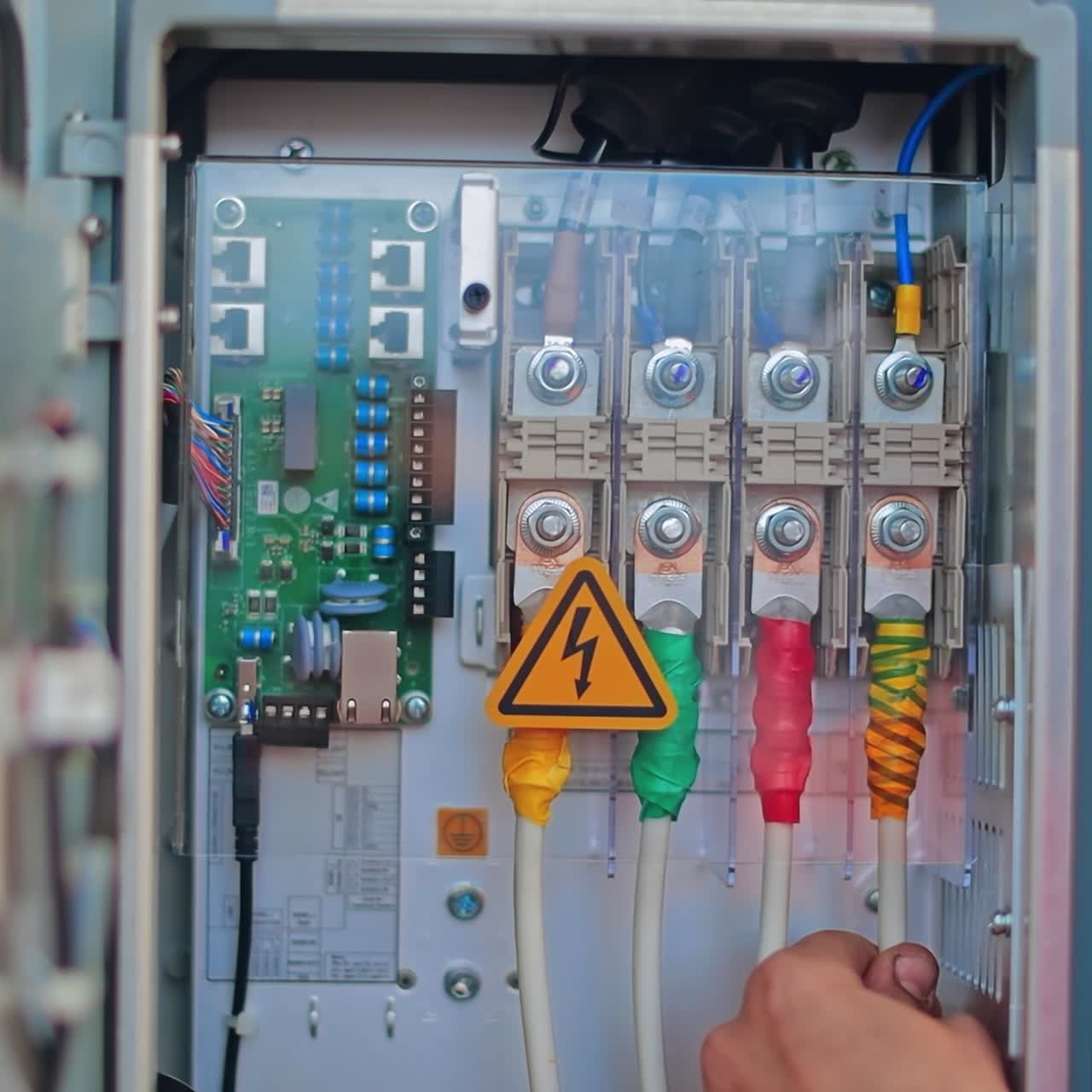Electrician's hands testing current electrical. Engineer tests voltage and current of power electric in electrical cabinet control.
