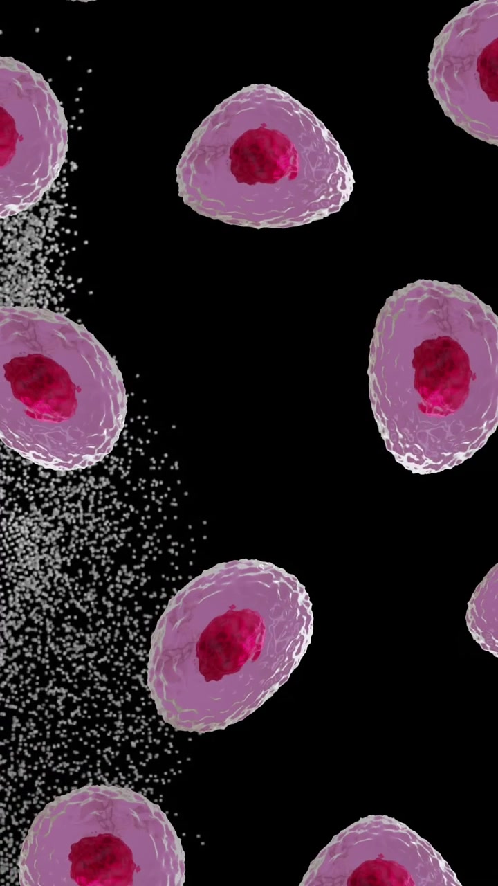 Animazione di cellule del corpo umano e corpo umano che si trasforma in particelle su sfondo nero