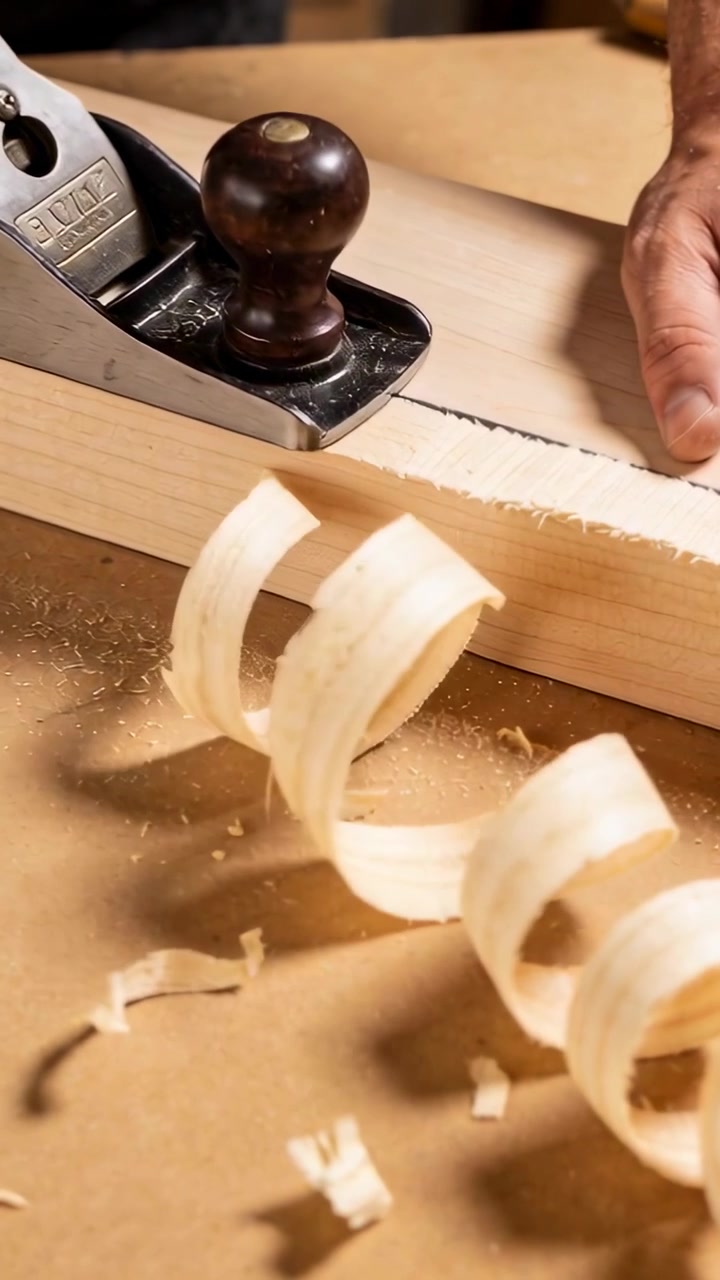 Vertical video: Pressing plane, hand with dark sleeve making shavings on bench smoothing edge