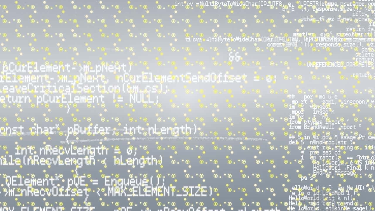 Animation of computer code over grey background with molecules texture