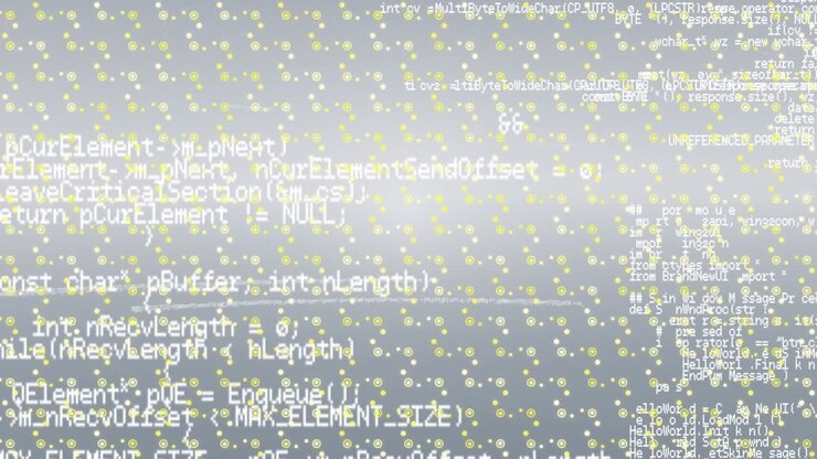Animation of computer code over grey background with molecules texture