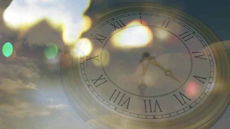 Luce solare che trafigge le nuvole creando bagliori mentre la lancetta di un orologio romano avanza verso l'ora, mostrando il passare del tempo.