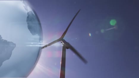 Animation-of-globe-over-wind-turbine-against-blue-sky