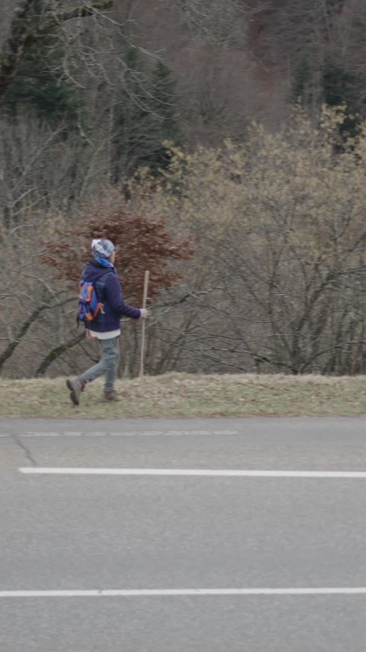 A person walking with a dog on a road