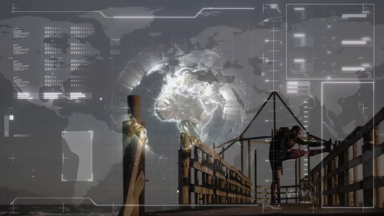 animação do processamento de dados sobre um homem em forma exercitando-se na praia