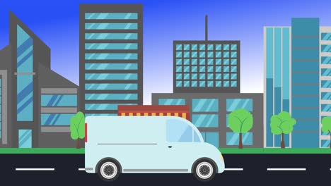 car driving rides around city side view, loop animation, flat design background