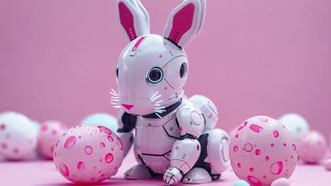 robotic easter bunny surrounded by pink eggs