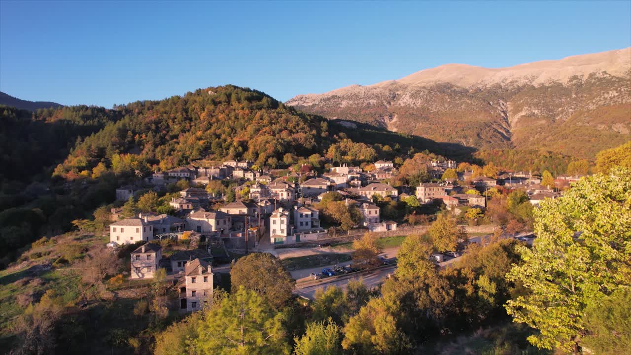 Papigo Zagorochoria Aerial Shot Reveal Through Trees, Traditional Village Nature in Epirus Region, Ioannina Greece