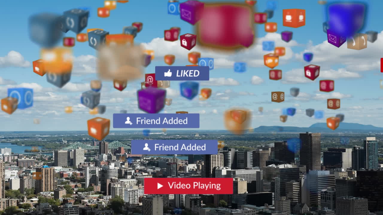 도시 풍경 위에 떨어지는 소셜 미디어 아이콘과 이모티콘의 애니메이션