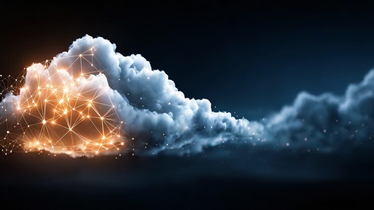 Una rappresentazione digitale affascinante di nuvole intrecciate con reti luminose, che creano un'atmosfera eterea e onirica in cieli scuri.