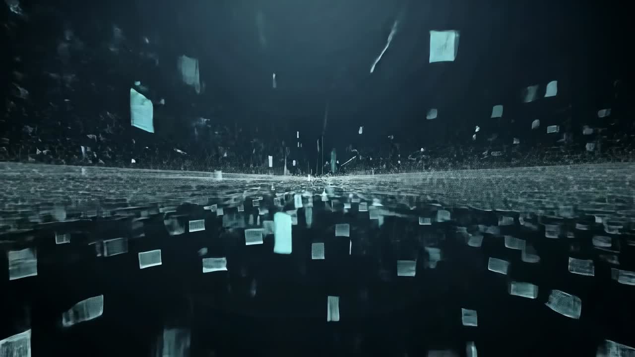 Emerging from light band, glowing particles and translucent panels forming grid in digital space