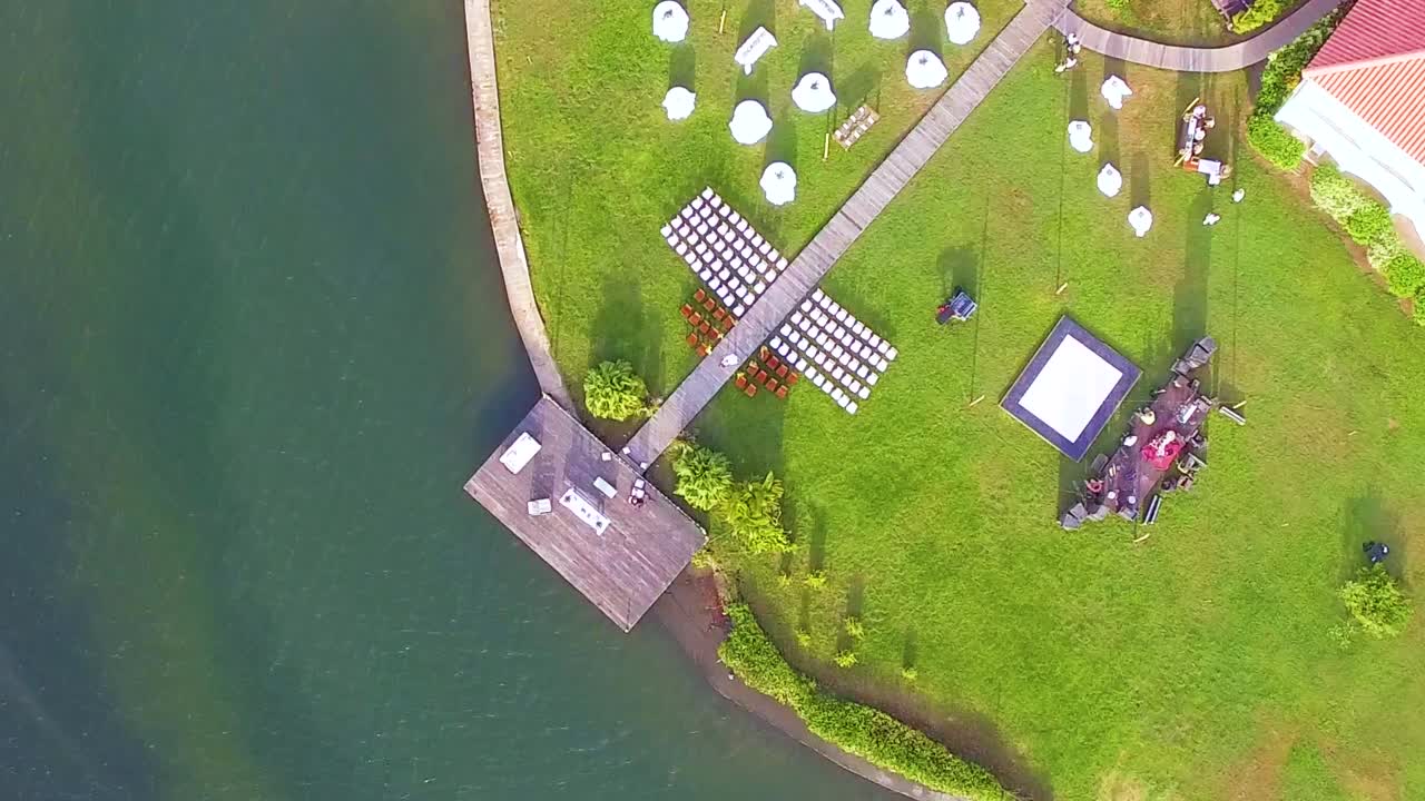 Upper view of a wedding decoration in Belize to the shore of the sea in a beautiful sunny day.