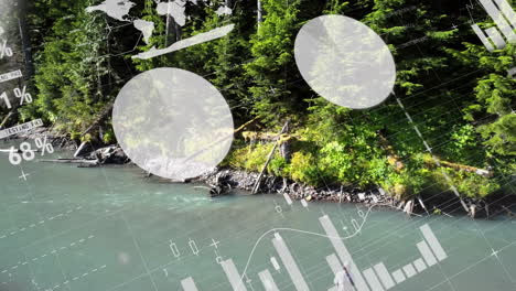 fishing in river, person surrounded by forest, data analytics animation over scene