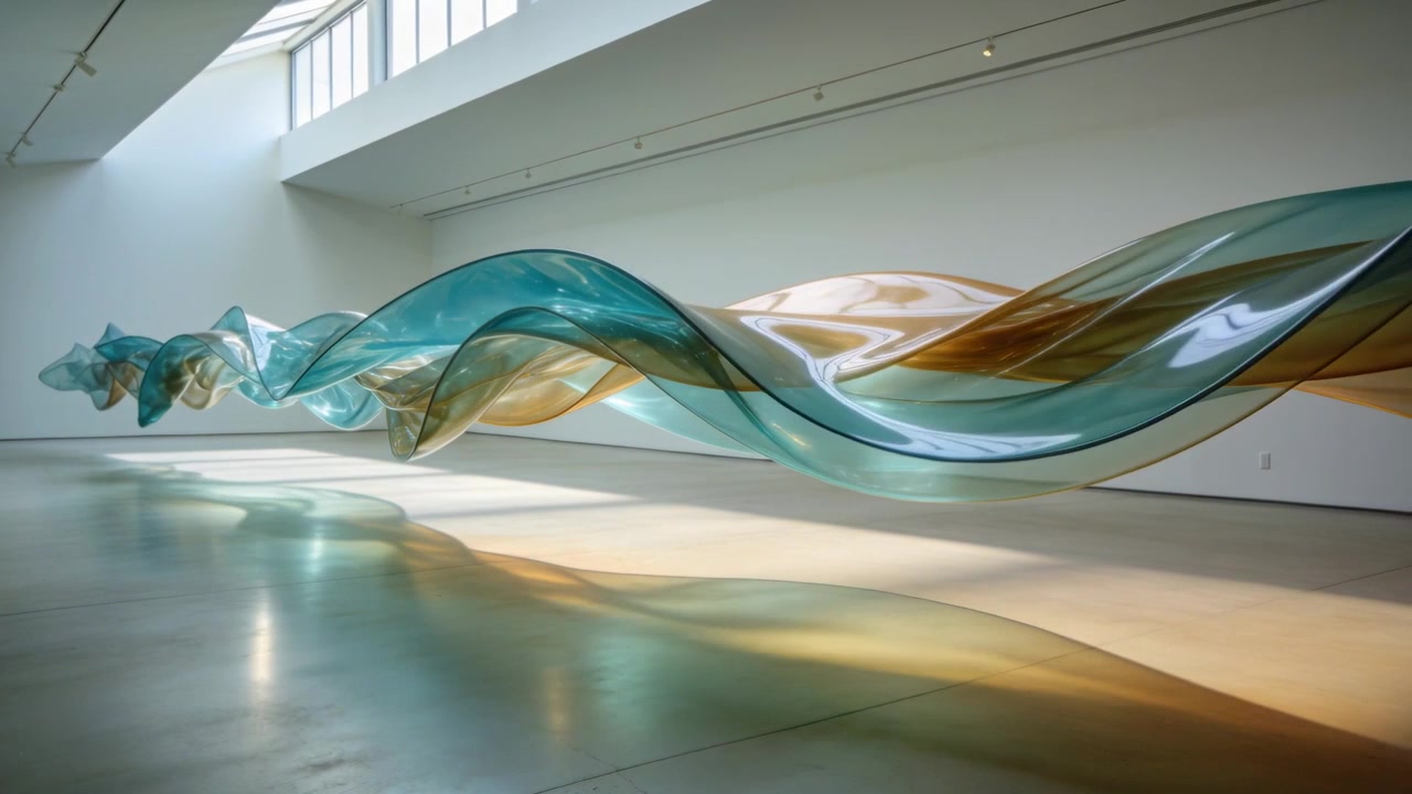 Moving cam on single take gliding along teal-amber ribbon under skylight, revealing shifting colors