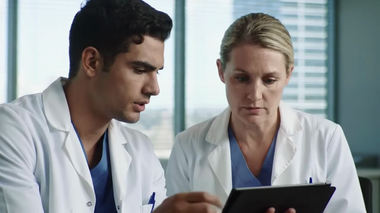 Due medici diversi che discutono i risultati del paziente su un tablet digitale