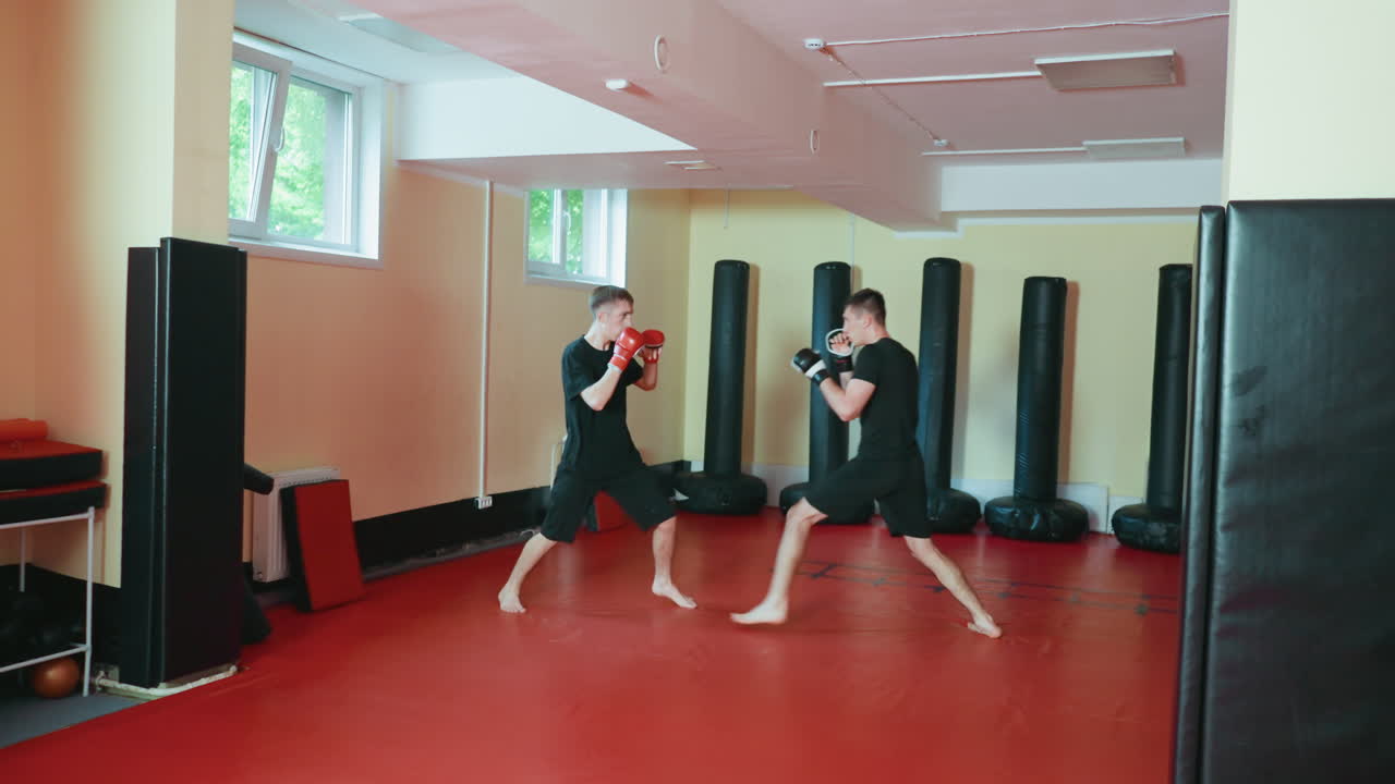 Two boxers sparring in martial arts gym wearing gloves facing each other on red mat floor practicing fighting stance surrounded by punching bags during training session under daylight from windows