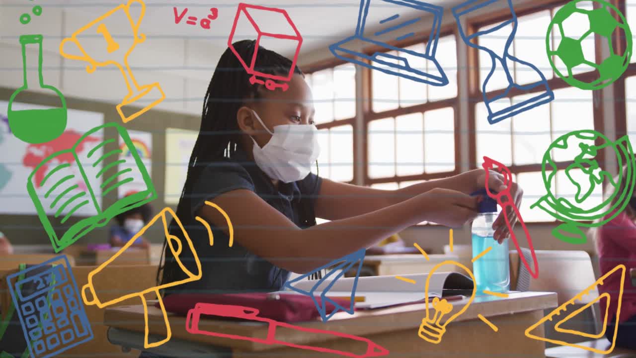 animación de objetos escolares iconos que se mueven sobre escolares que llevan máscaras faciales