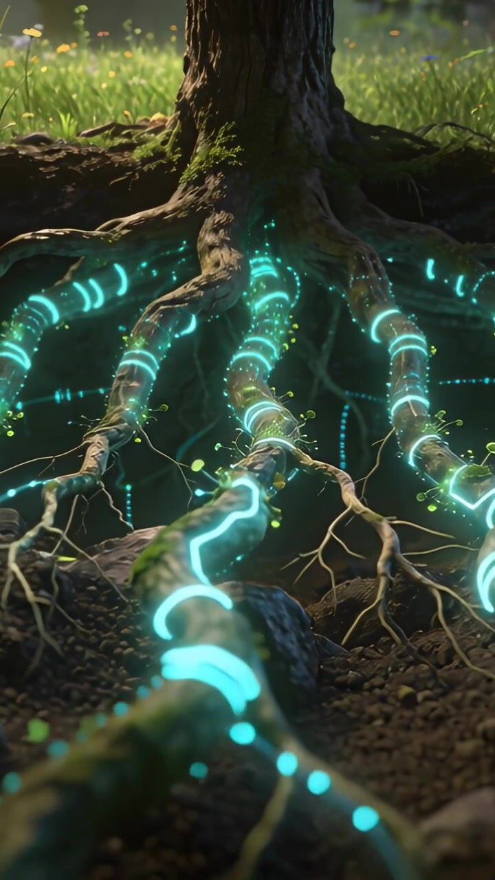 Vertical video: Pulsing trunk with exposed roots sending cyan energy through meadow, lighting rings