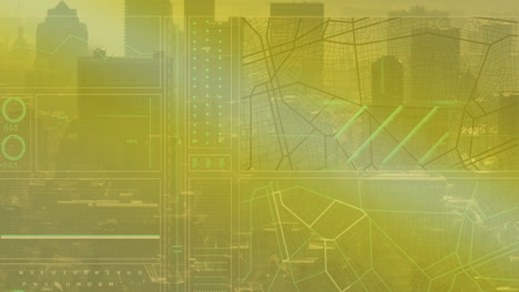 animación de círculos de carga, líneas y patrón de navegación sobre la ciudad moderna contra el cielo