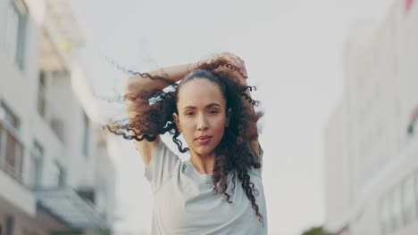 runner, arm stretch and woman face in the city