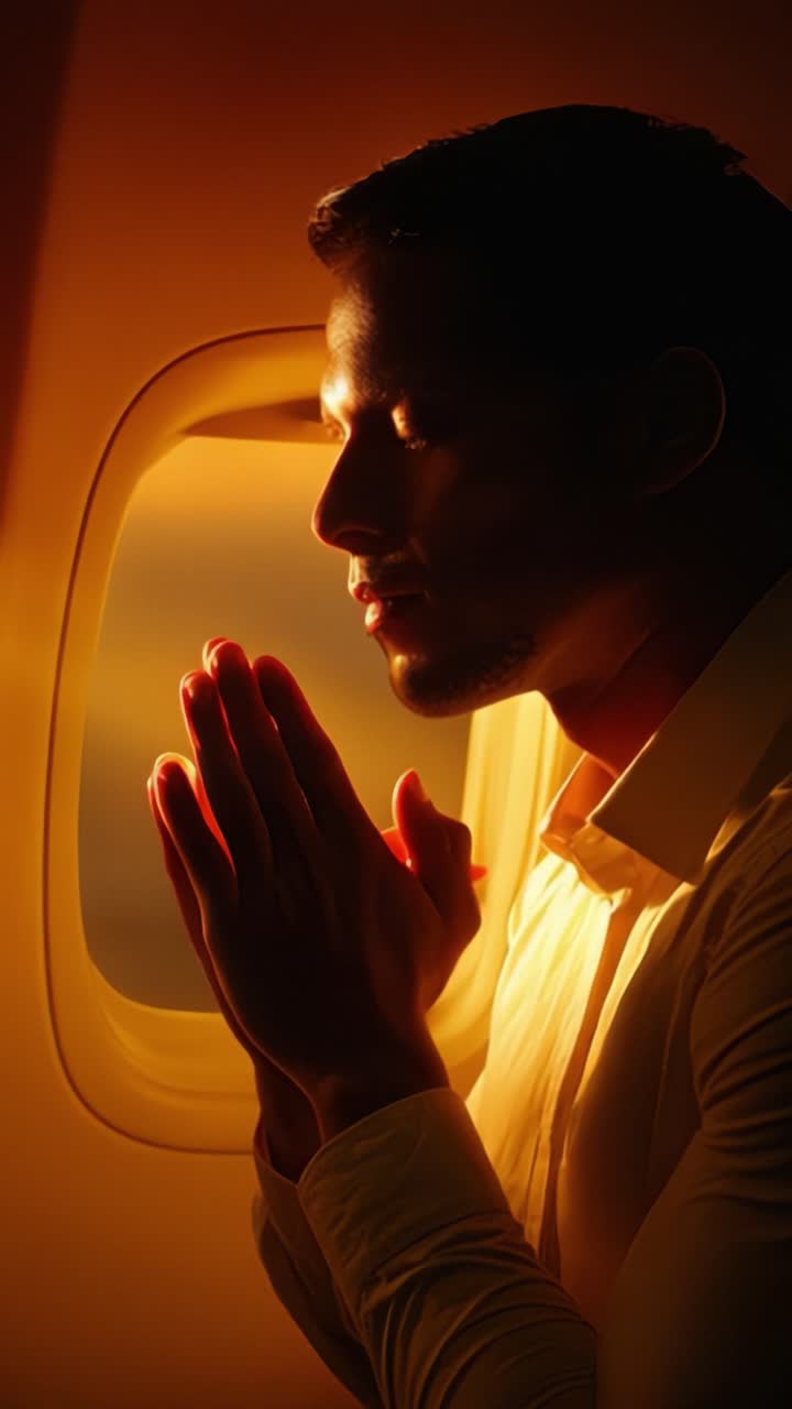 Reflective Journey: A Man in Contemplation by the Airplane Window During a Serene Golden Hour, Lost in Thought and Prayer Amidst the Clouds