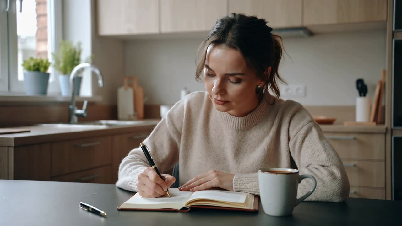 Donna con maglione di lana che scrive su un quaderno mentre è seduta al tavolo della cucina