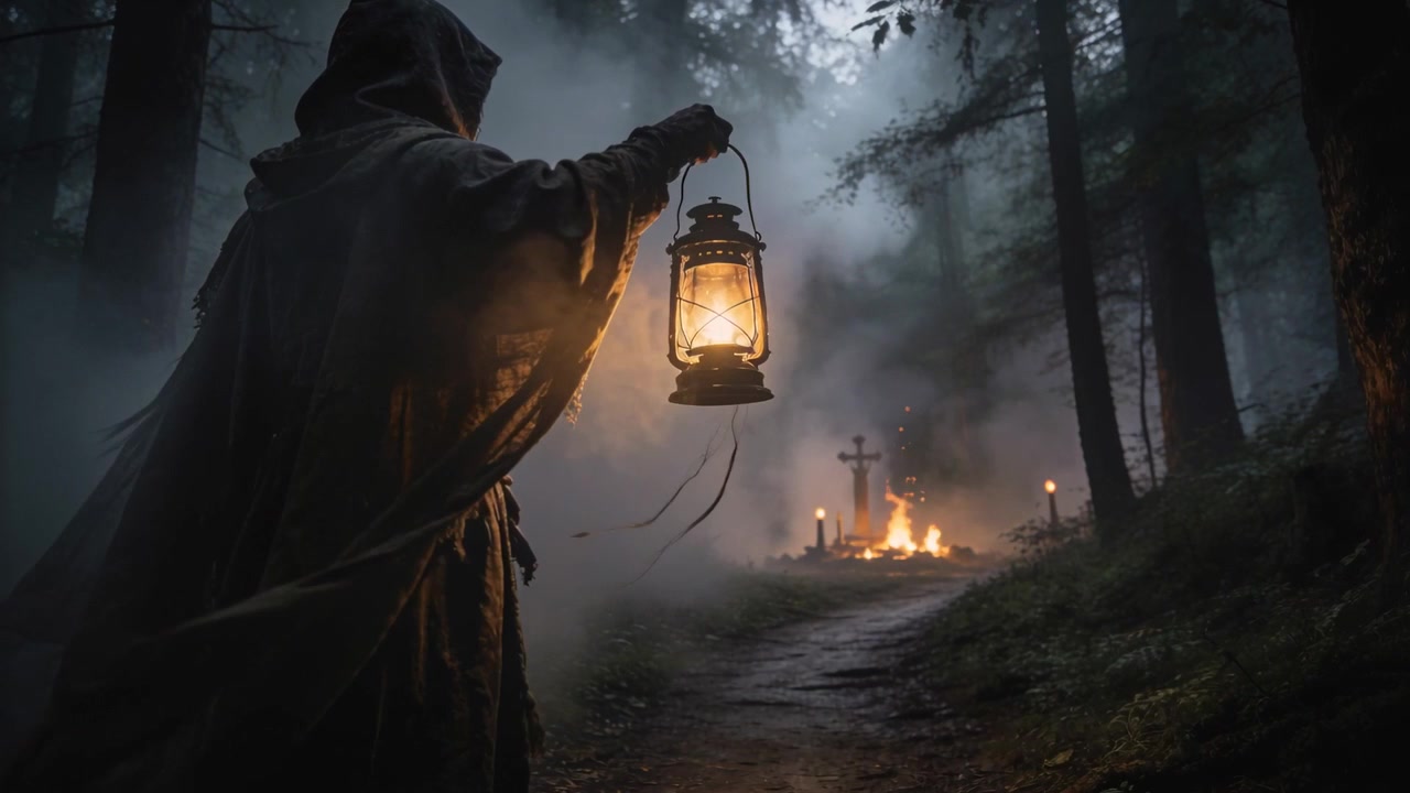 Figura ammantata che cammina lungo un sentiero nel bosco tenendo una lanterna accesa verso una pira accesa e una croce, spazio per il testo.