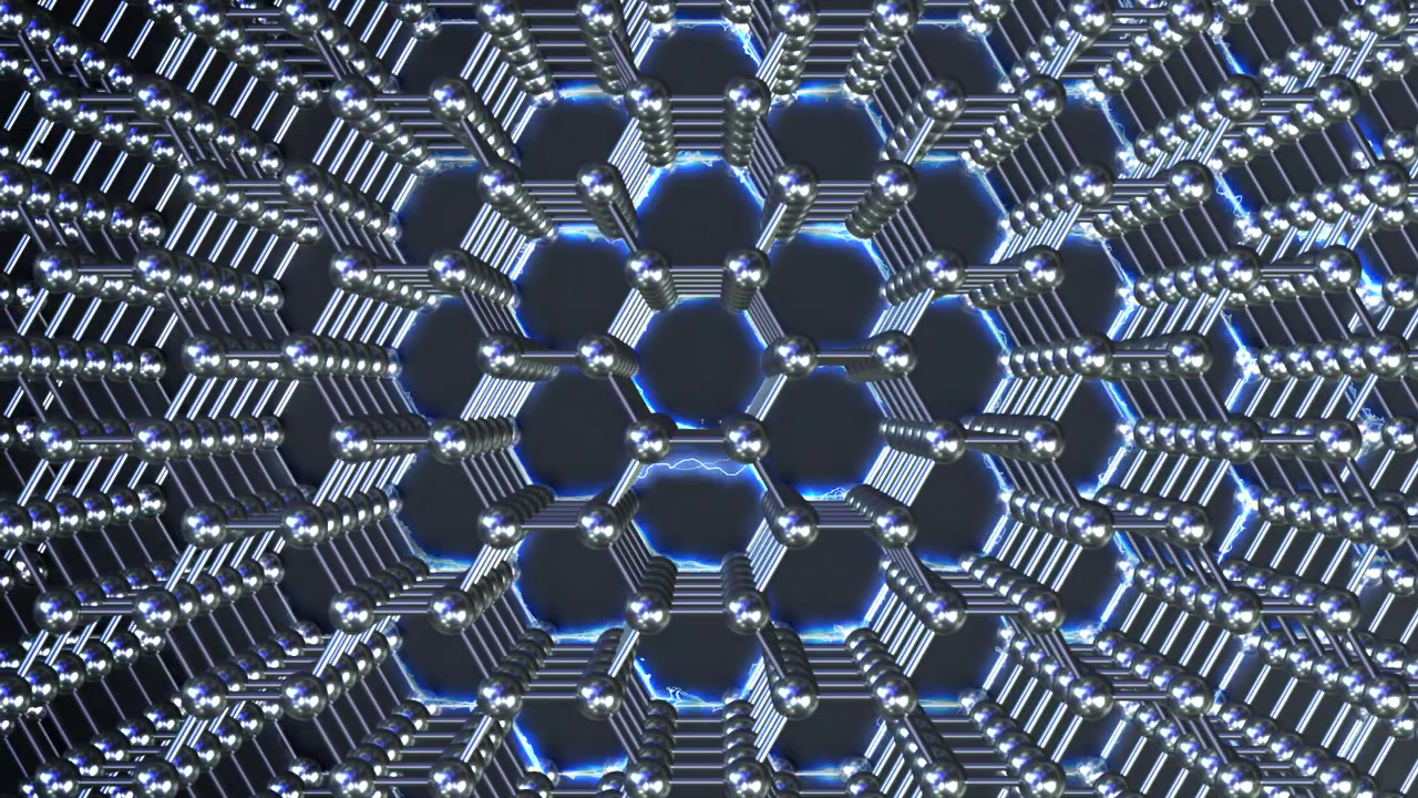 Graphene Conductivity Stack loop Horizontal Chrome. This nano technology 3D animation represents engineering at the molecular level.