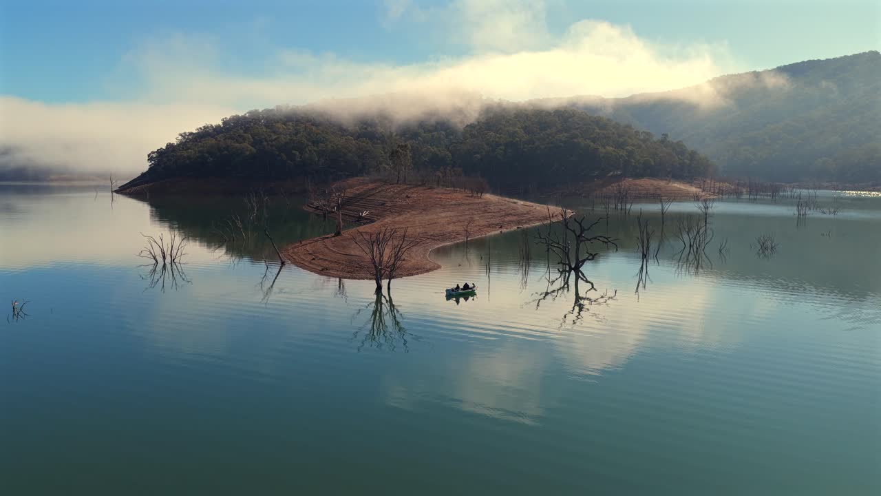 Lake Eildon fishing boat drone pullback