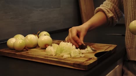 Präzises-Zwiebelwürfeln:-Kulinarische-Zubereitung-Auf-Einem-Holzbrett-In-Der-Küche