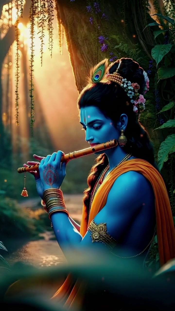 Lord Krishna che suona il flauto in una foresta serena