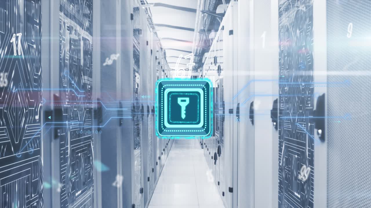 Animation of security key icon over multiple symbols and numbers floating against server room