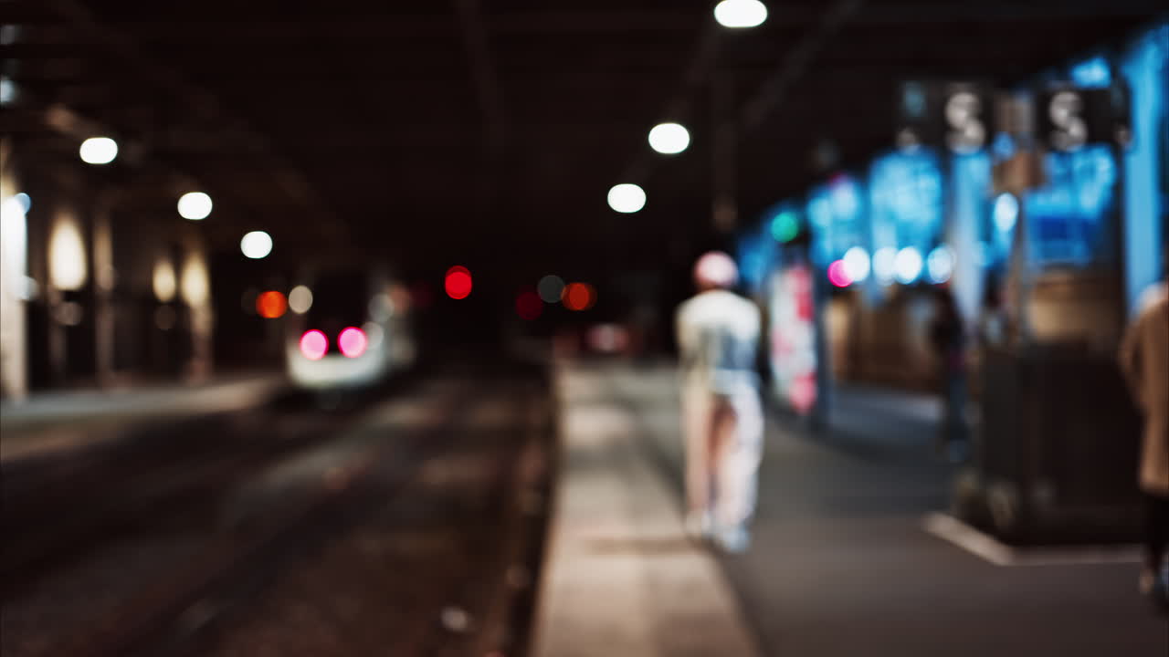 Blurred view of people and trains moving through the Cannes train station in the evening