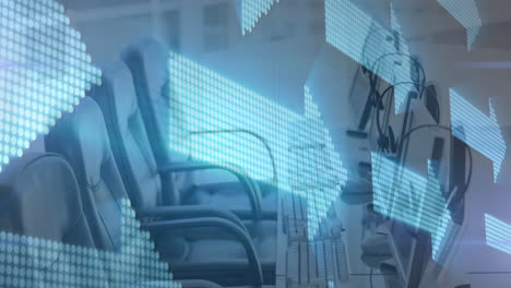 Animation-of-digital-arrows-over-computers-in-empty-office-in-background