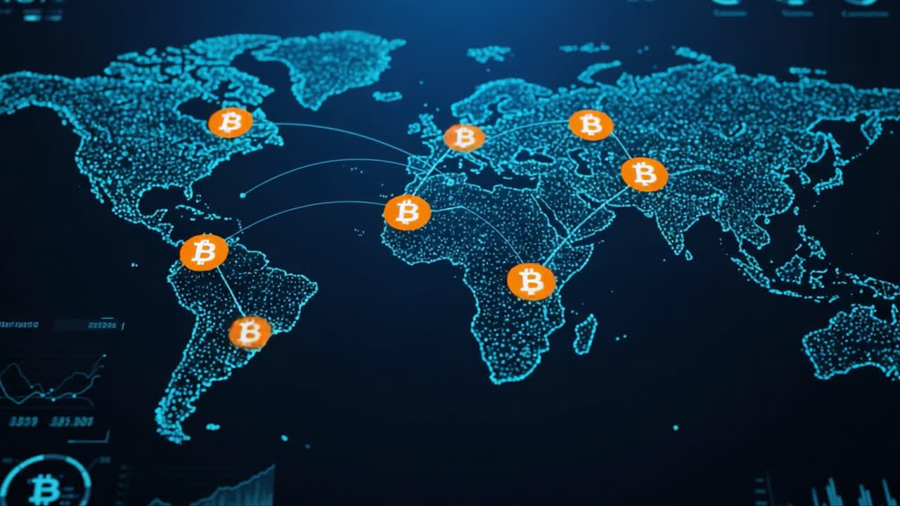 A Global Overview of Cryptocurrency Transactions Visualized on a Digital Map Highlighting Bitcoin Activity Across Continents