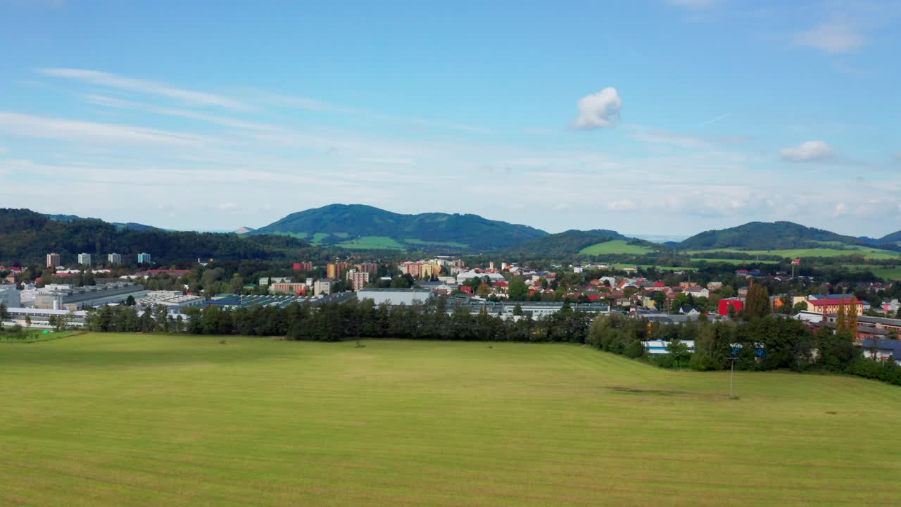 Fast reveal drone shot czech small city with beskydy mountains