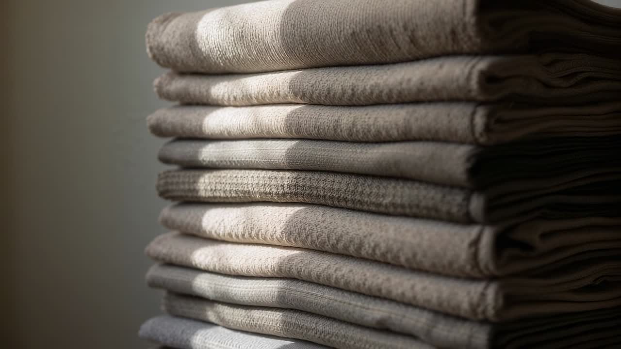 Shifting sunlight crossing folded towel stack on shelf through window, revealing seams, copy space