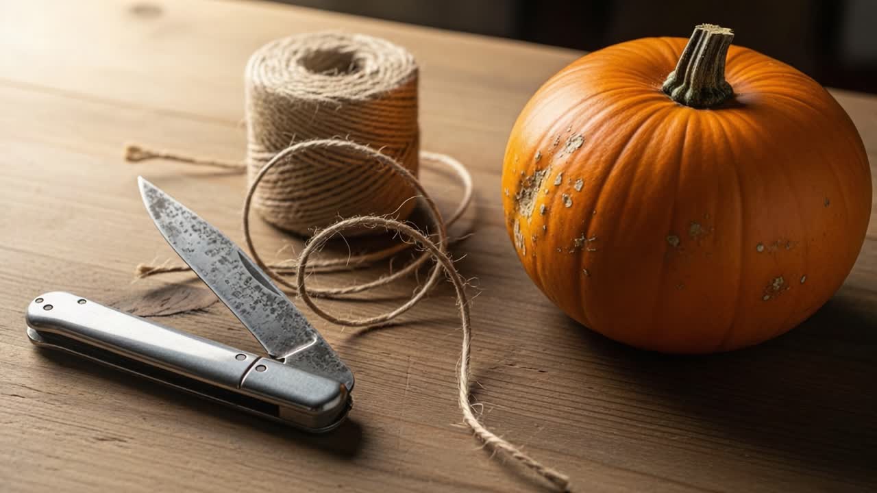 A Close-up View of a Pumpkin, Twine, and a Knife on a Rustic Wooden Table, Perfect for Autumn Decor and Seasonal Crafts