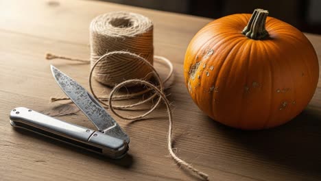 a close-up view of a pumpkin, twine, and a knife on a rustic wooden table, perfect for autumn decor and seasonal crafts