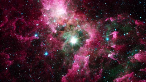 viaje espacial a través de la nebulosa de nube roja con la estrella de brillo central en el espacio profundo. vuelo espacial de ciencia ficción de bucle sin costuras 4k 3d para brillar energía gas nube de polvo nebulosa. exploración de astronomía de galaxias.