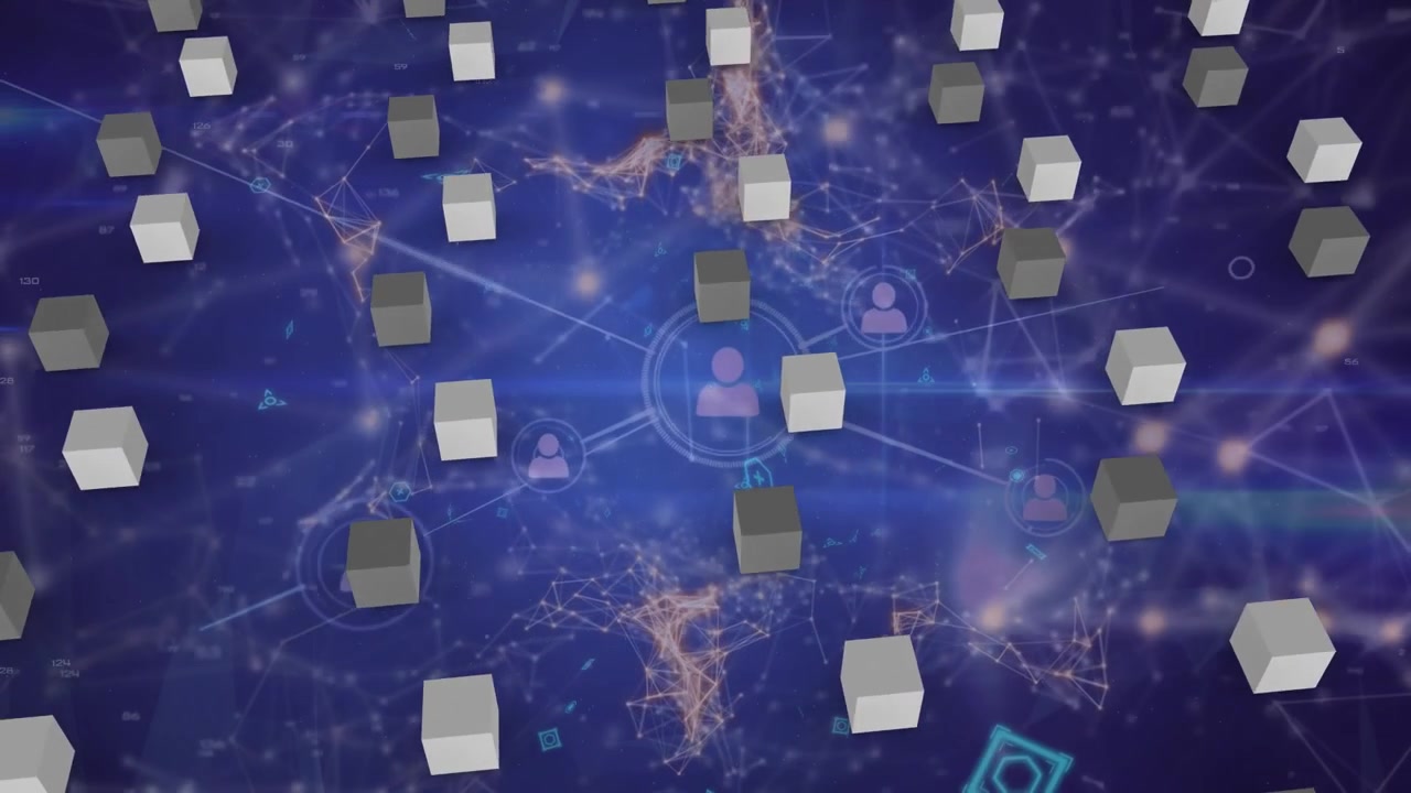 Animation of globe with network of connections and people photographs over blue screens