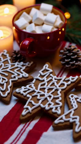 christmas treats with gingerbread cookies and hot chocolate