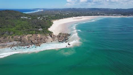 panoramic view over clarkes beach in new south wales, australia - drone shot