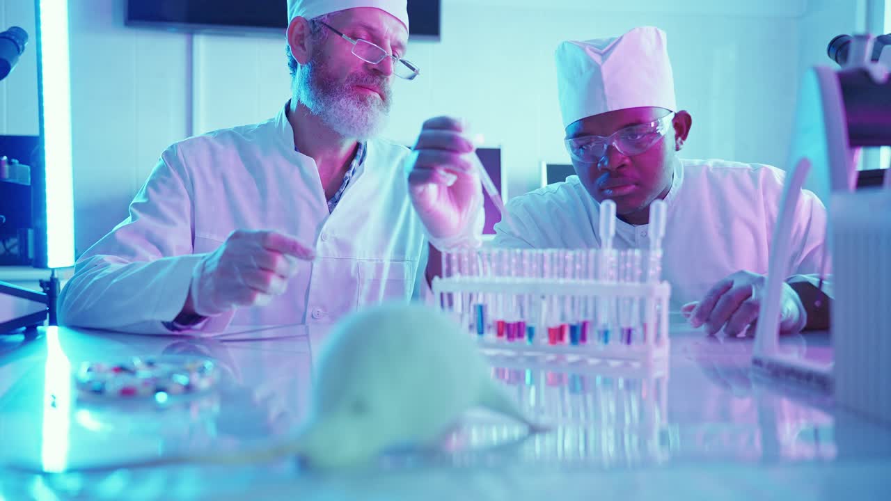 Scientists Conduct Laboratory Experiment with White Rat and Test Tubes