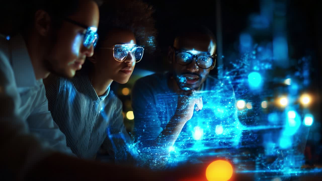 A diverse group of three professionals engaging in a collaborative brainstorming session, utilizing high-tech glasses, exploring advanced digital data visuals at night in an innovative environment