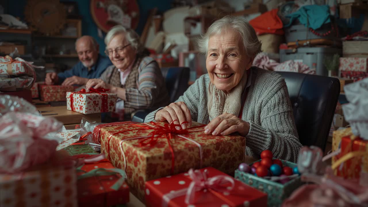 Receiving supplies starting volunteer wrapping box with ribbon at table for gift drive